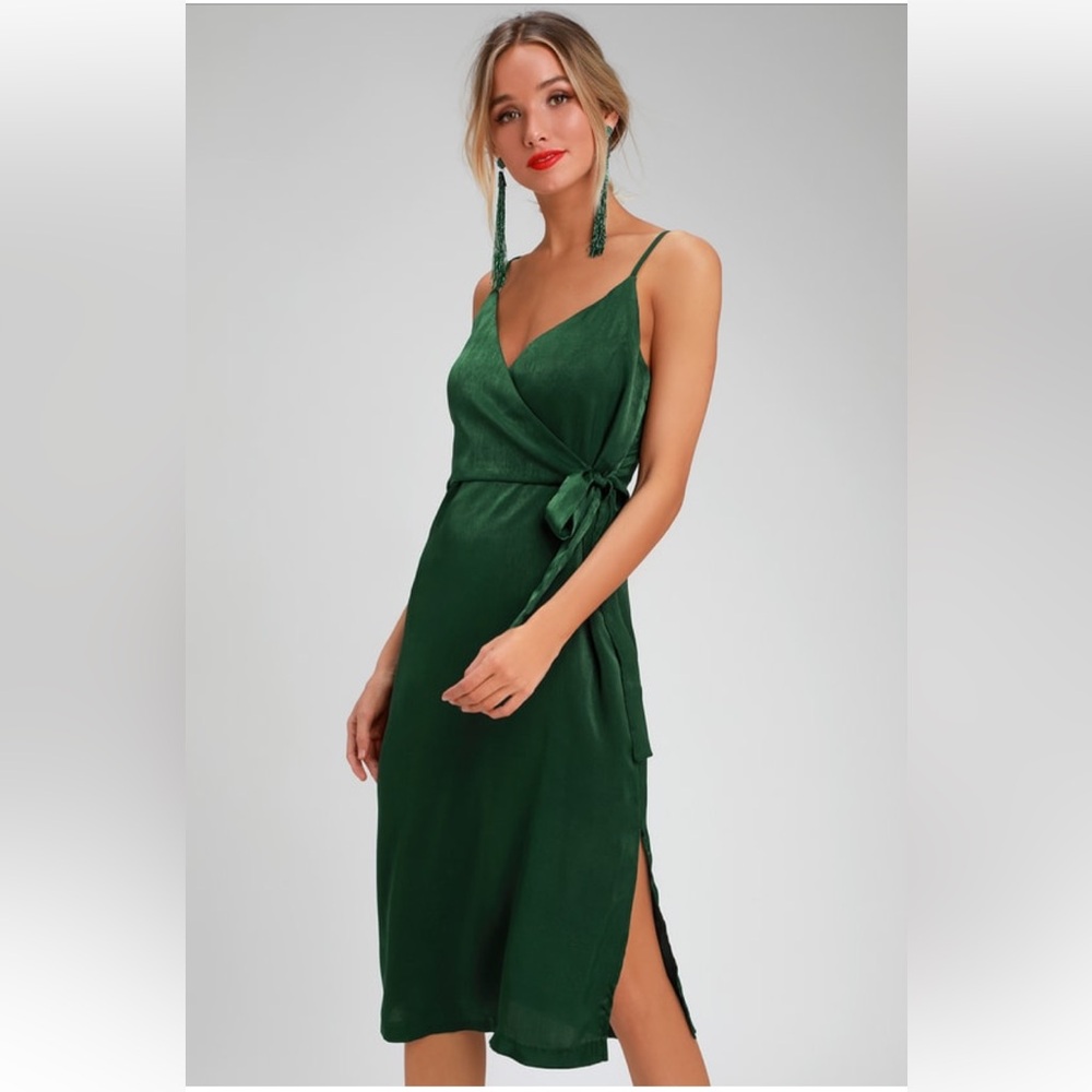 Fall In Love Forest Green Satin Midi Wrap Dress